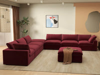 Deluxe Cloud 6-Seater Claret Sofa Set | 8-Piece (Includes 2 Ottomans), Velvet Fabric, Living Room, Washable Cushion Covers