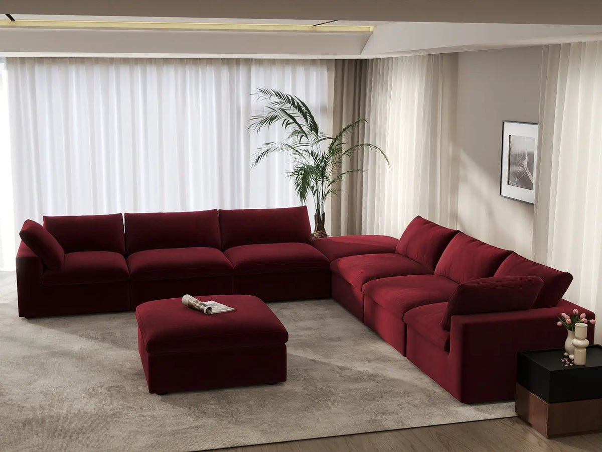 Deluxe Cloud 6-Seater Claret Sofa Set | 8-Piece (Includes 2 Ottomans), Velvet Fabric, Living Room, Washable Cushion Covers