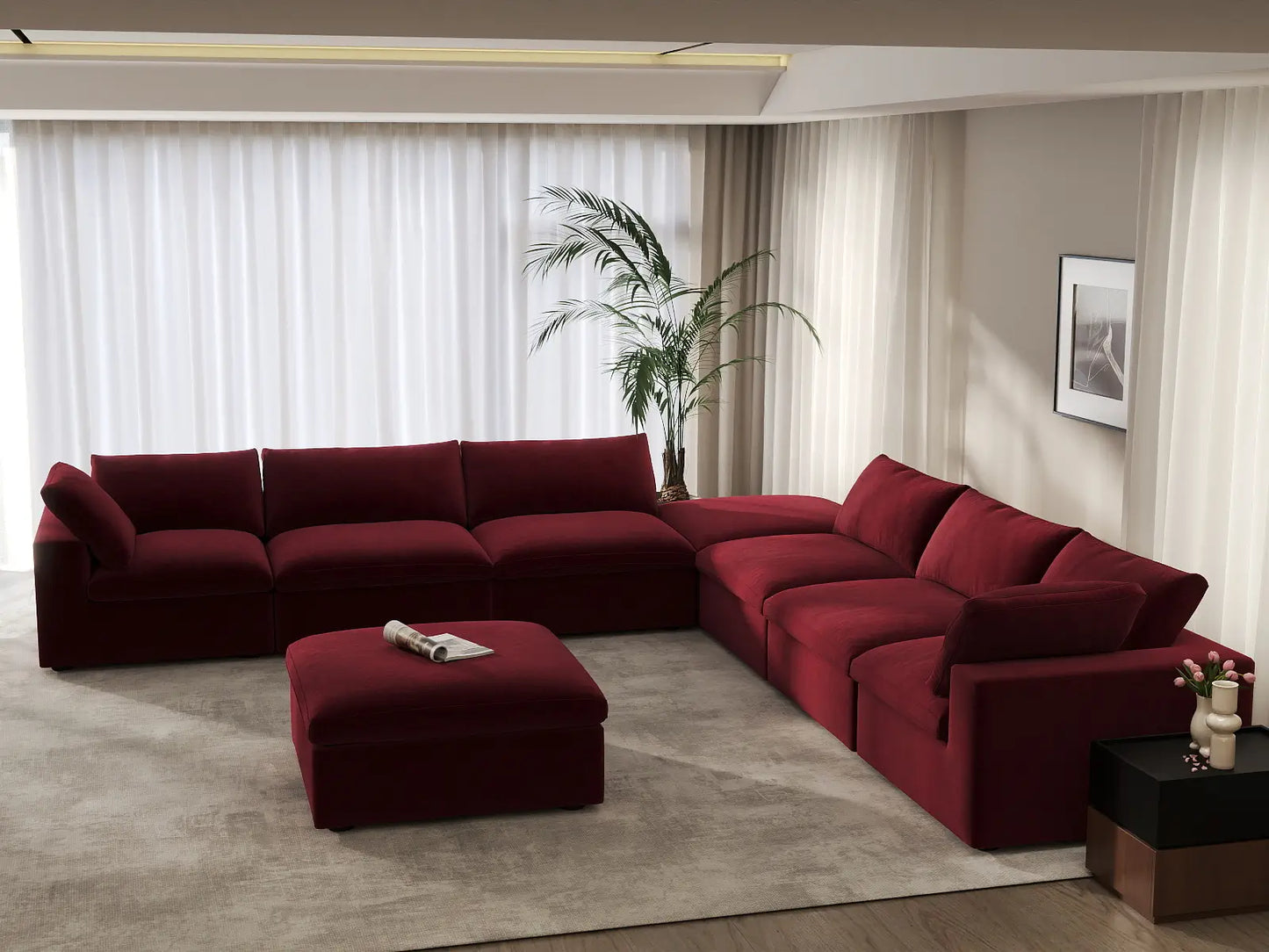 Deluxe Cloud 6-Seater Claret Sofa Set | 8-Piece (Includes 2 Ottomans), Velvet Fabric, Living Room, Washable Cushion Covers