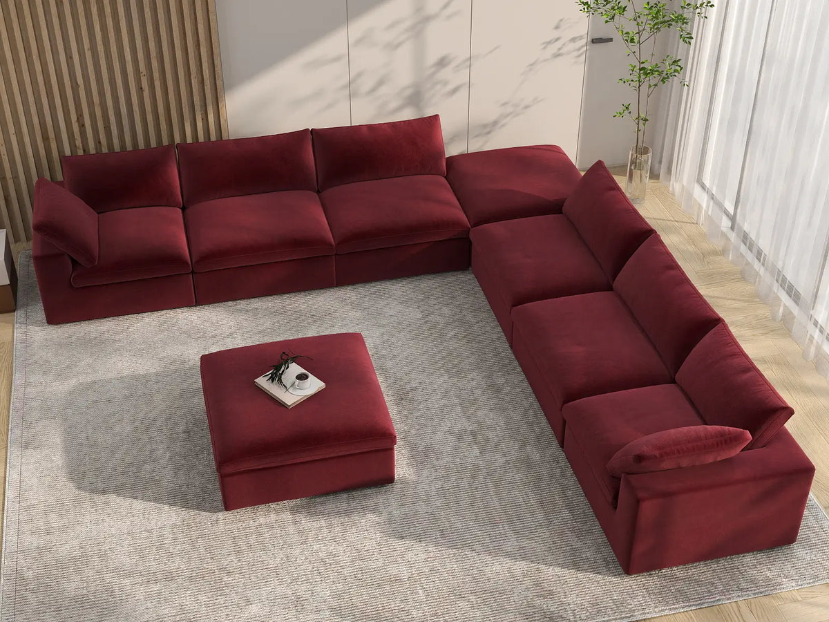 Deluxe Cloud 6-Seater Claret Sofa Set | 8-Piece (Includes 2 Ottomans), Velvet Fabric, Living Room, Washable Cushion Covers