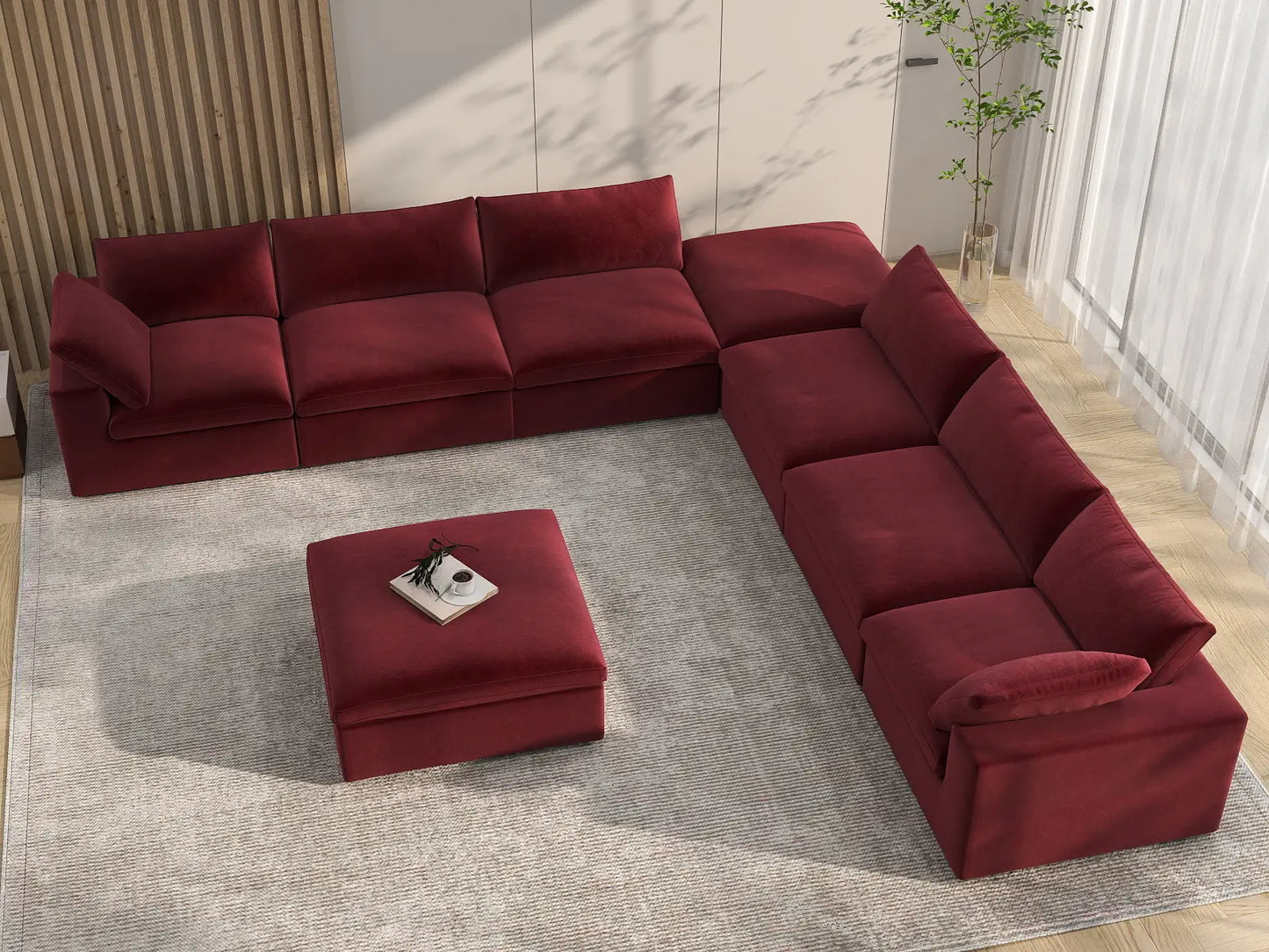 Deluxe Cloud 6-Seater Claret Sofa Set | 8-Piece (Includes 2 Ottomans), Velvet Fabric, Living Room, Washable Cushion Covers
