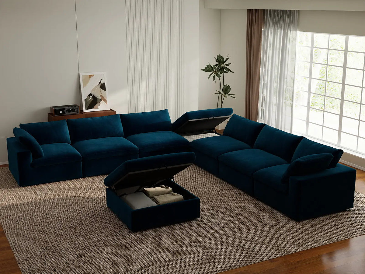 Deluxe Cloud 6-Seater Dark Blue Sofa Set | 8-Piece (Includes 2 Ottomans), Velvet Fabric, Living Room, Washable Cushion Covers