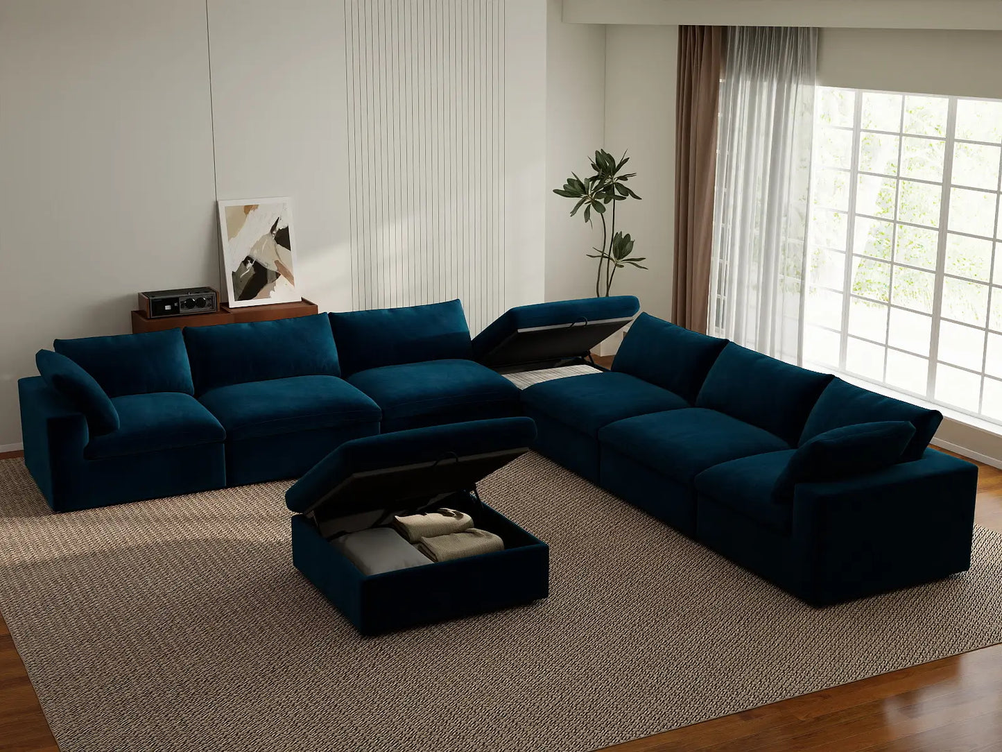 Deluxe Cloud 6-Seater Dark Blue Sofa Set | 8-Piece (Includes 2 Ottomans), Velvet Fabric, Living Room, Washable Cushion Covers