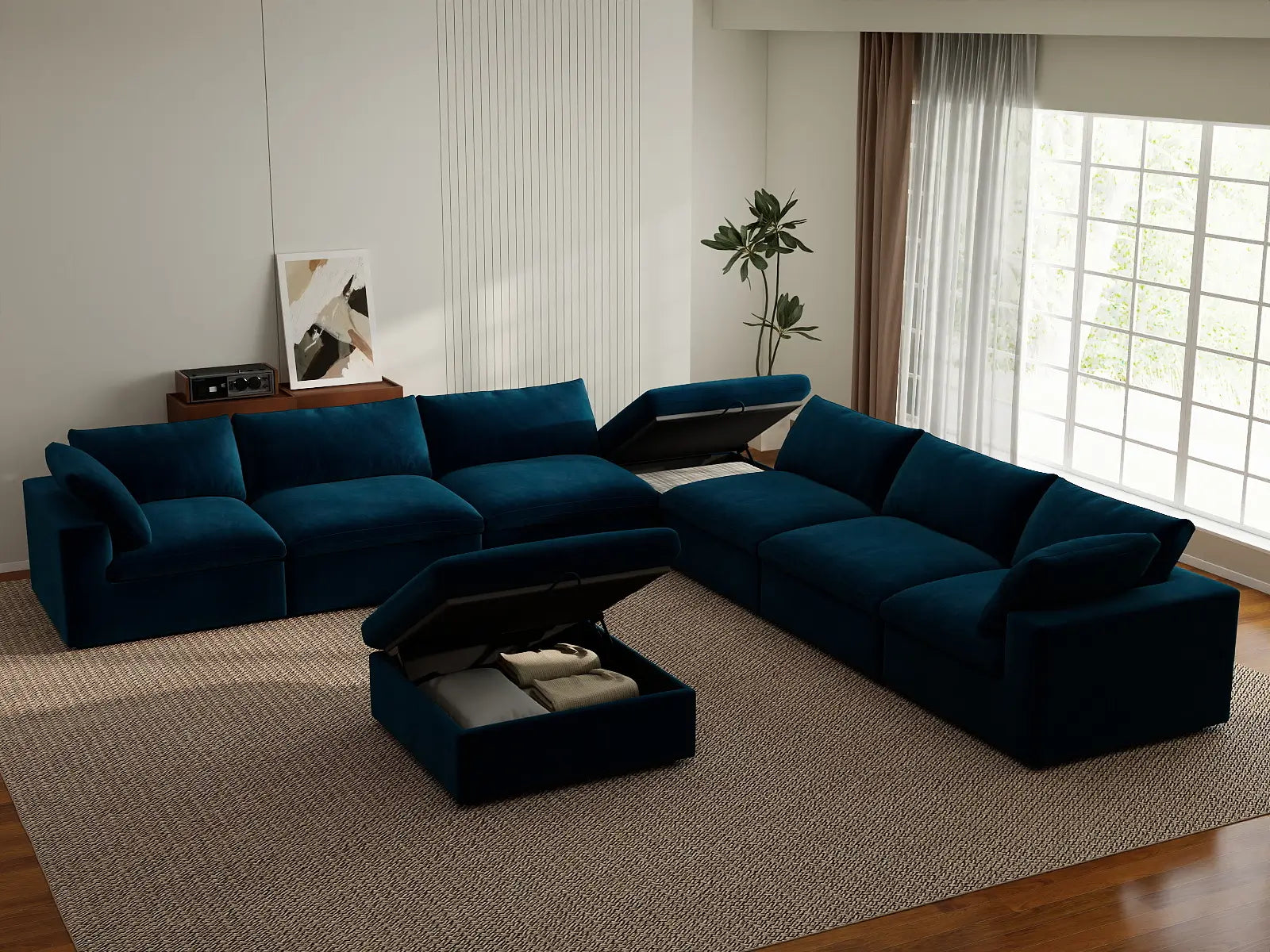 Deluxe Cloud 6-Seater Dark Blue Sofa Set | 8-Piece (Includes 2 Ottomans), Velvet Fabric, Living Room, Washable Cushion Covers