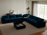 Deluxe Cloud 6-Seater Dark Blue Sofa Set | 8-Piece (Includes 2 Ottomans), Velvet Fabric, Living Room, Washable Cushion Covers