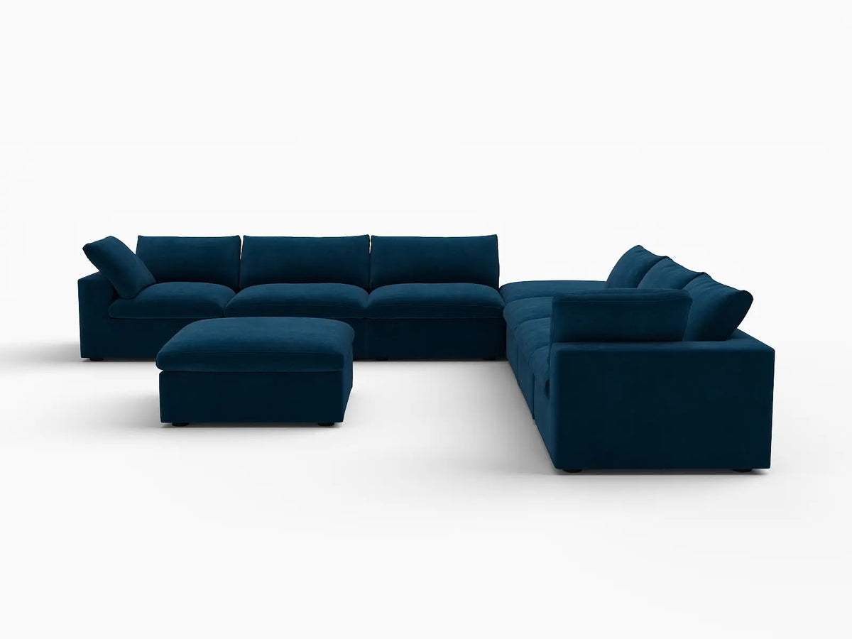 Deluxe Cloud 6-Seater Dark Blue Sofa Set | 8-Piece (Includes 2 Ottomans), Velvet Fabric, Living Room, Washable Cushion Covers