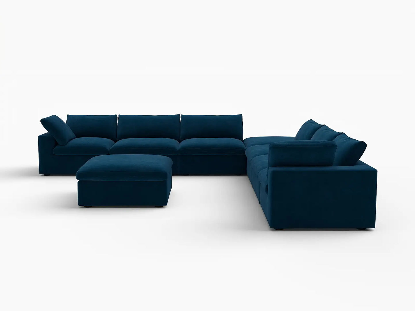 Deluxe Cloud 6-Seater Dark Blue Sofa Set | 8-Piece (Includes 2 Ottomans), Velvet Fabric, Living Room, Washable Cushion Covers