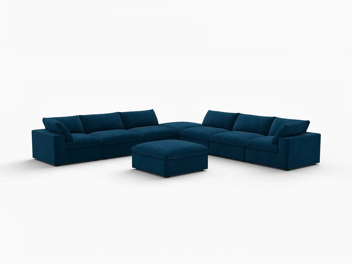 Deluxe Cloud 6-Seater Dark Blue Sofa Set | 8-Piece (Includes 2 Ottomans), Velvet Fabric, Living Room, Washable Cushion Covers