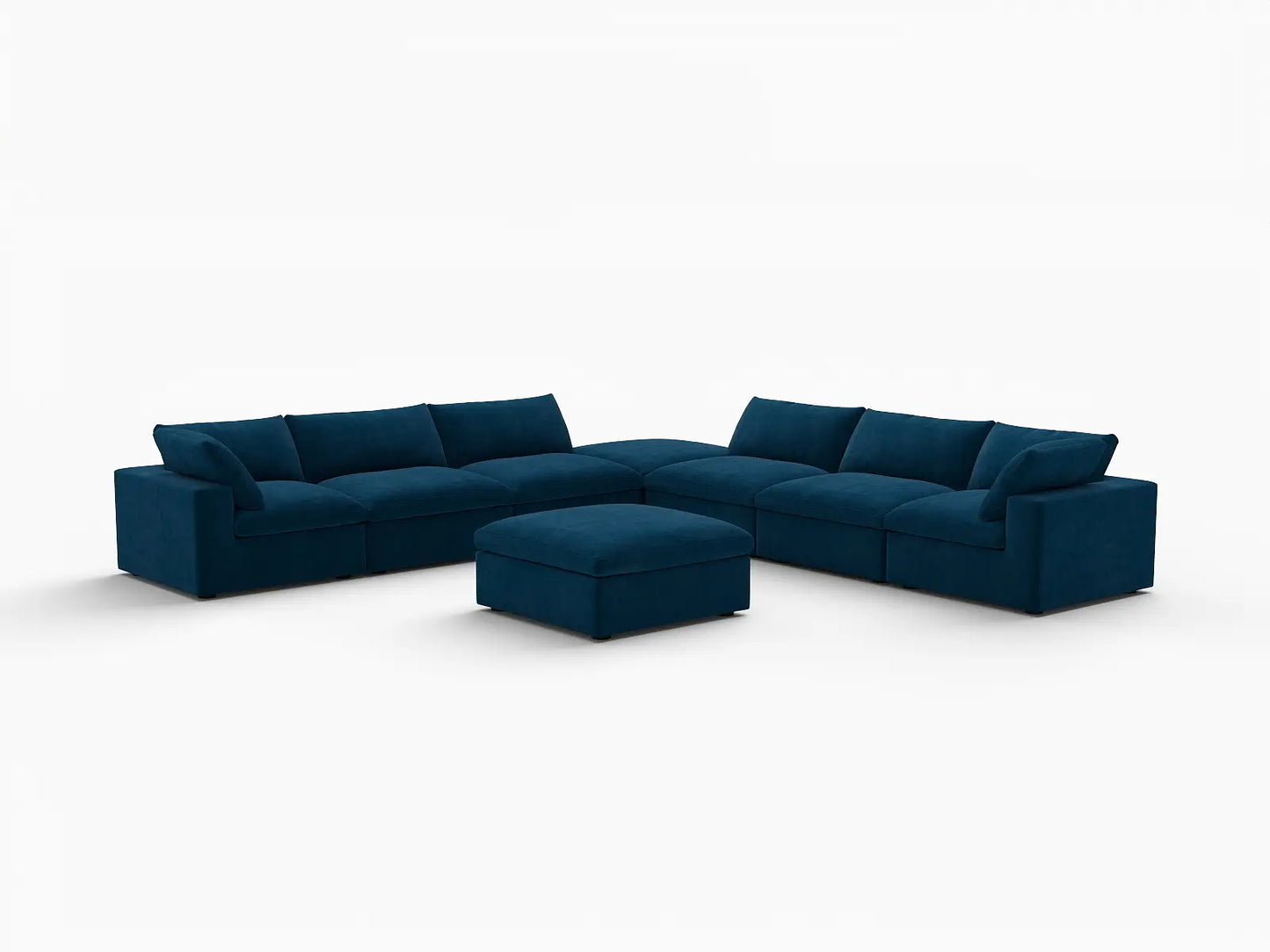 Deluxe Cloud 6-Seater Dark Blue Sofa Set | 8-Piece (Includes 2 Ottomans), Velvet Fabric, Living Room, Washable Cushion Covers