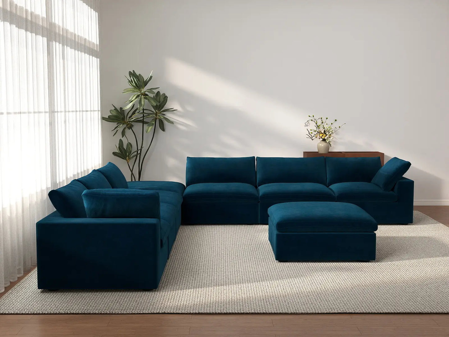 Deluxe Cloud 6-Seater Dark Blue Sofa Set | 8-Piece (Includes 2 Ottomans), Velvet Fabric, Living Room, Washable Cushion Covers