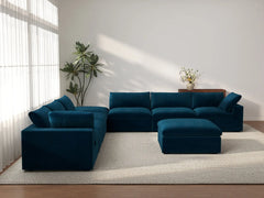 Deluxe Cloud 6-Seater Dark Blue Sofa Set | 8-Piece (Includes 2 Ottomans), Velvet Fabric, Living Room, Washable Cushion Covers