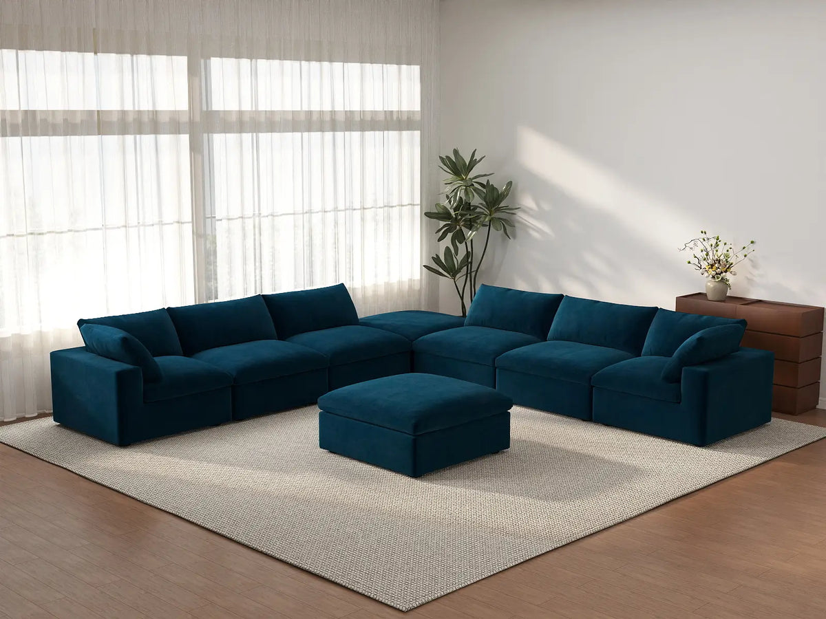 Deluxe Cloud 6-Seater Dark Blue Sofa Set | 8-Piece (Includes 2 Ottomans), Velvet Fabric, Living Room, Washable Cushion Covers