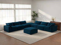 Deluxe Cloud 6-Seater Dark Blue Sofa Set | 8-Piece (Includes 2 Ottomans), Velvet Fabric, Living Room, Washable Cushion Covers