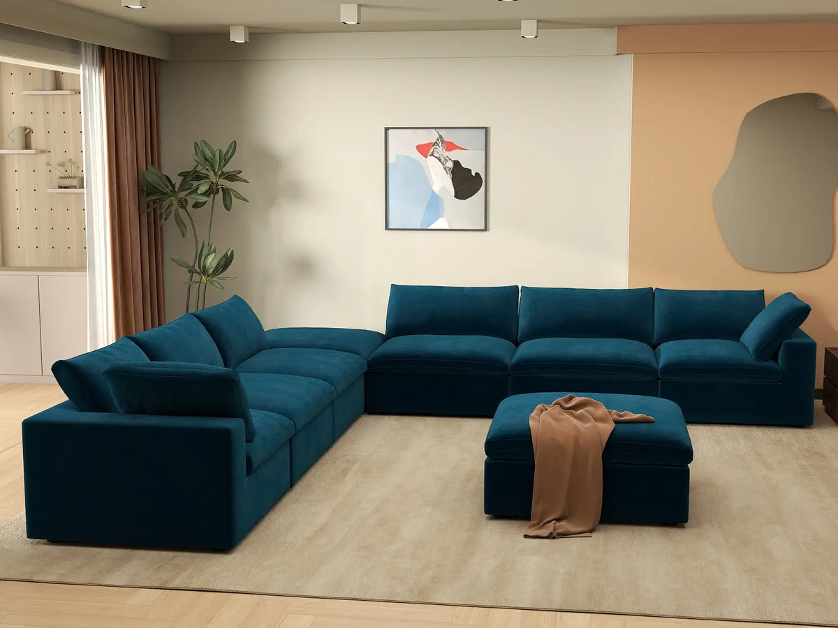 Deluxe Cloud 6-Seater Dark Blue Sofa Set | 8-Piece (Includes 2 Ottomans), Velvet Fabric, Living Room, Washable Cushion Covers