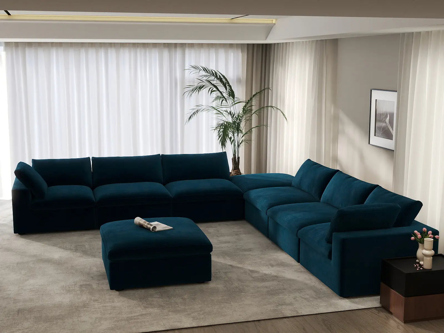 Deluxe Cloud 6-Seater Dark Blue Sofa Set | 8-Piece (Includes 2 Ottomans), Velvet Fabric, Living Room, Washable Cushion Covers