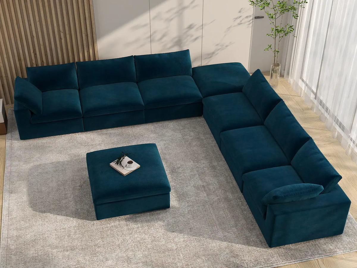 Deluxe Cloud 6-Seater Dark Blue Sofa Set | 8-Piece (Includes 2 Ottomans), Velvet Fabric, Living Room, Washable Cushion Covers