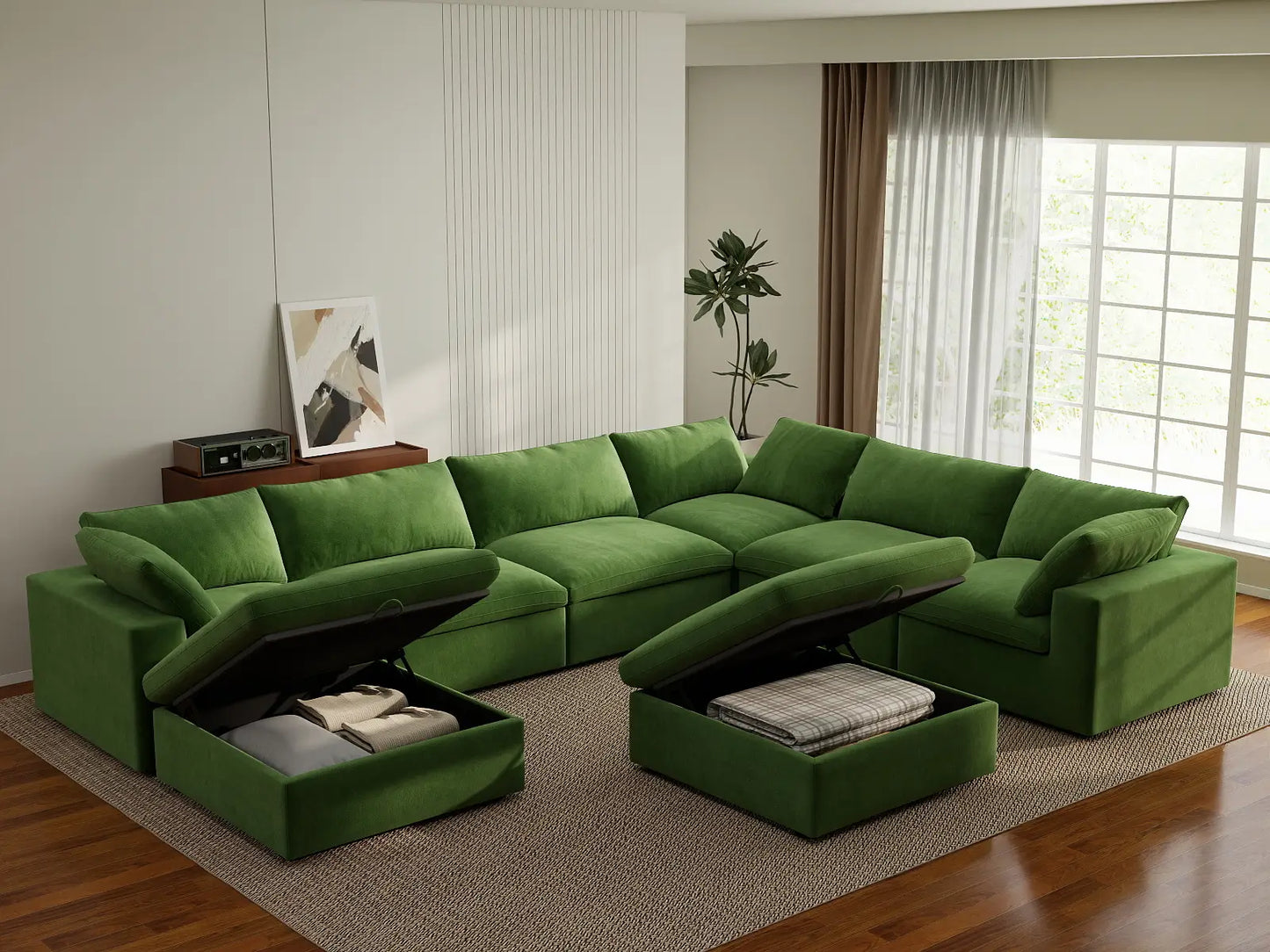 Deluxe Cloud 6-Seater Earth Green Sofa Set | 8-Piece (Includes 2 Ottomans), Velvet Fabric, Living Room, Washable Cushion Covers