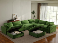 Deluxe Cloud 6-Seater Earth Green Sofa Set | 8-Piece (Includes 2 Ottomans), Velvet Fabric, Living Room, Washable Cushion Covers