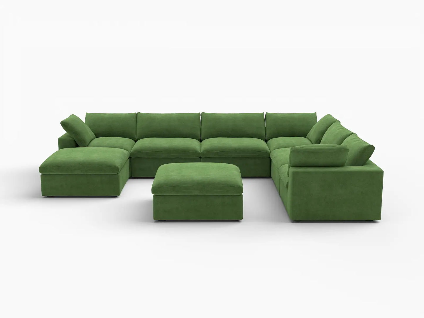 Deluxe Cloud 6-Seater Earth Green Sofa Set | 8-Piece (Includes 2 Ottomans), Velvet Fabric, Living Room, Washable Cushion Covers