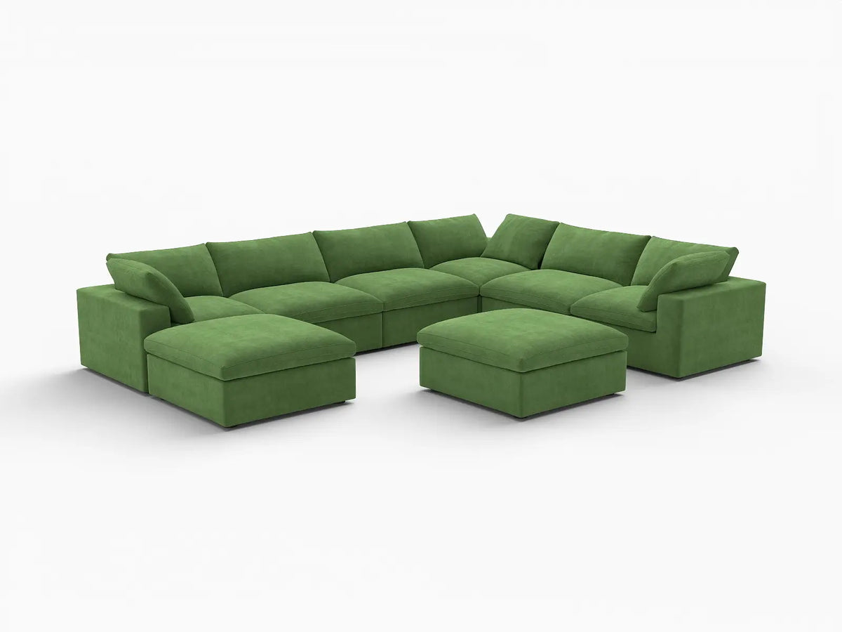 Deluxe Cloud 6-Seater Earth Green Sofa Set | 8-Piece (Includes 2 Ottomans), Velvet Fabric, Living Room, Washable Cushion Covers