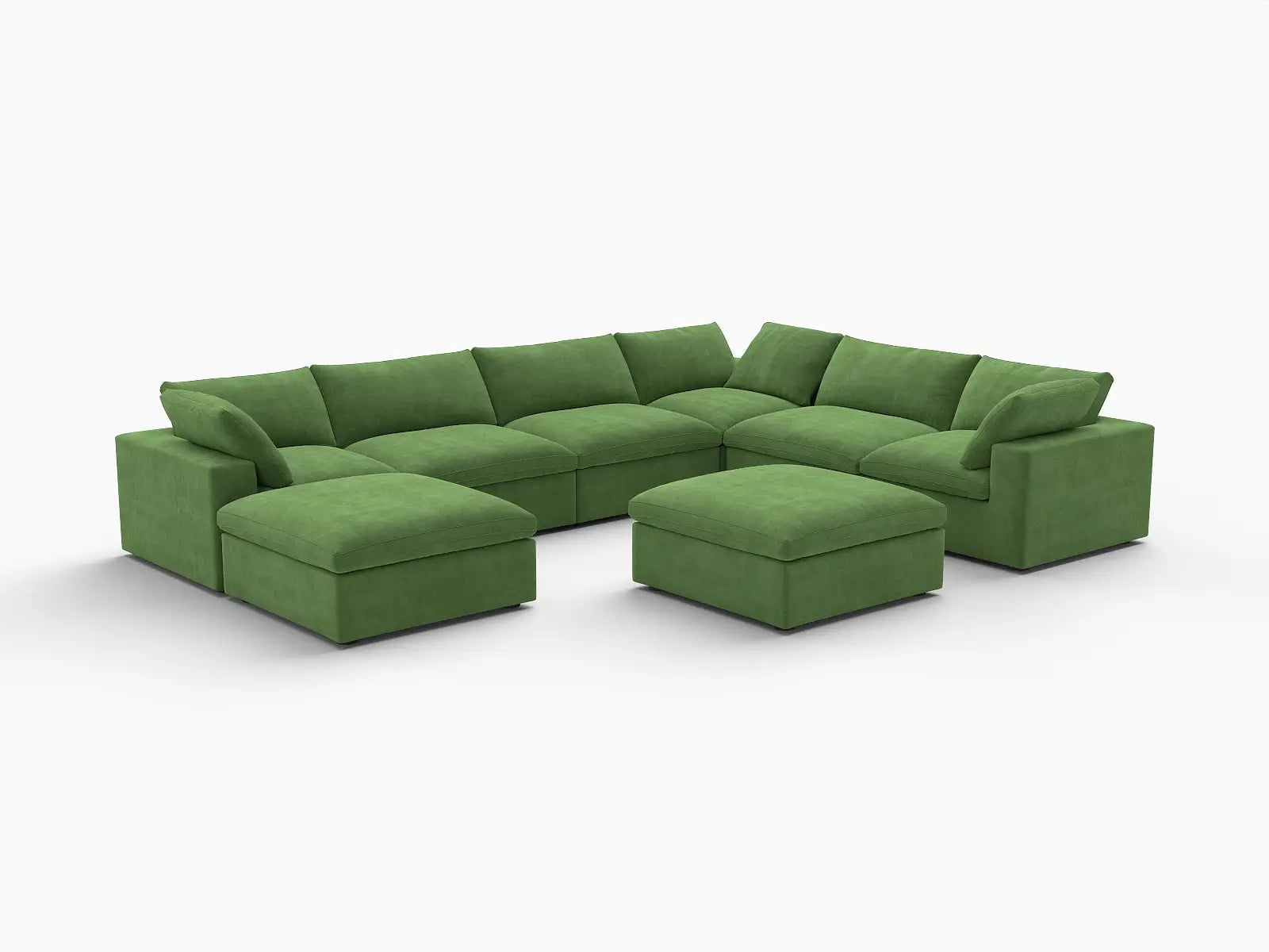 Deluxe Cloud 6-Seater Earth Green Sofa Set | 8-Piece (Includes 2 Ottomans), Velvet Fabric, Living Room, Washable Cushion Covers