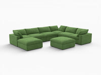Deluxe Cloud 6-Seater Earth Green Sofa Set | 8-Piece (Includes 2 Ottomans), Velvet Fabric, Living Room, Washable Cushion Covers