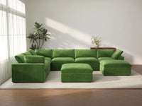 Deluxe Cloud 6-Seater Earth Green Sofa Set | 8-Piece (Includes 2 Ottomans), Velvet Fabric, Living Room, Washable Cushion Covers