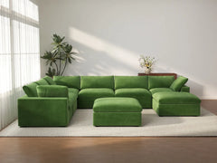 Deluxe Cloud 6-Seater Earth Green Sofa Set | 8-Piece (Includes 2 Ottomans), Velvet Fabric, Living Room, Washable Cushion Covers