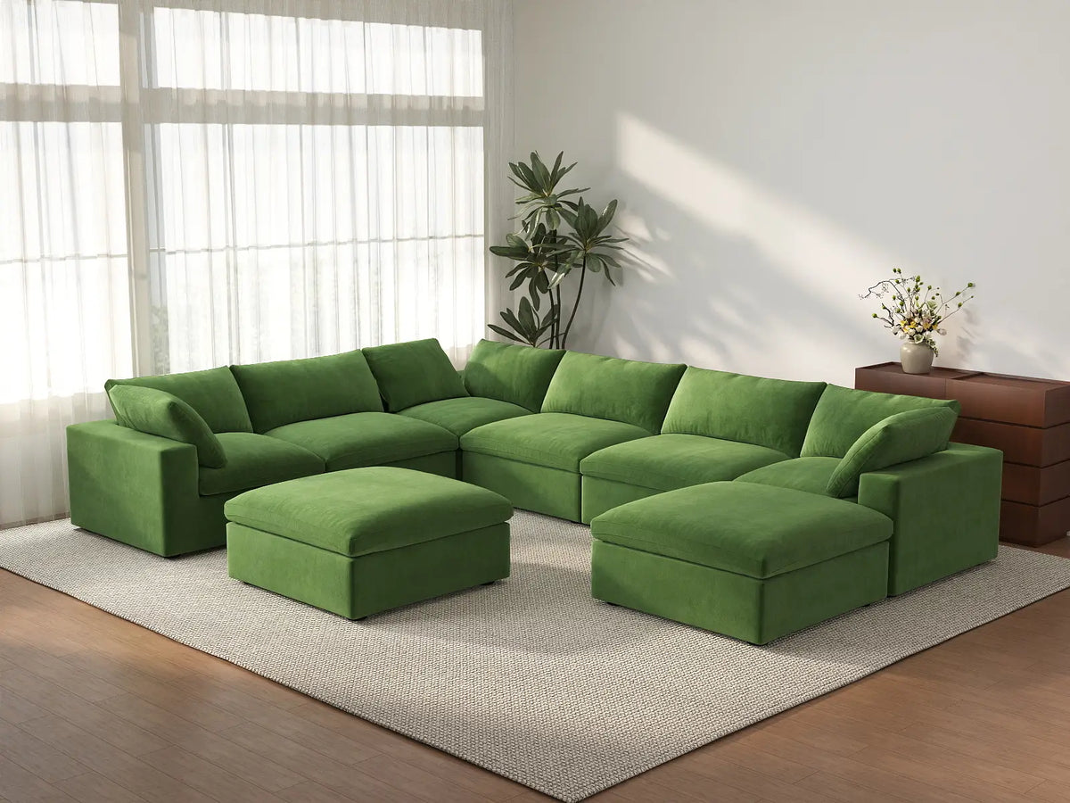 Deluxe Cloud 6-Seater Earth Green Sofa Set | 8-Piece (Includes 2 Ottomans), Velvet Fabric, Living Room, Washable Cushion Covers
