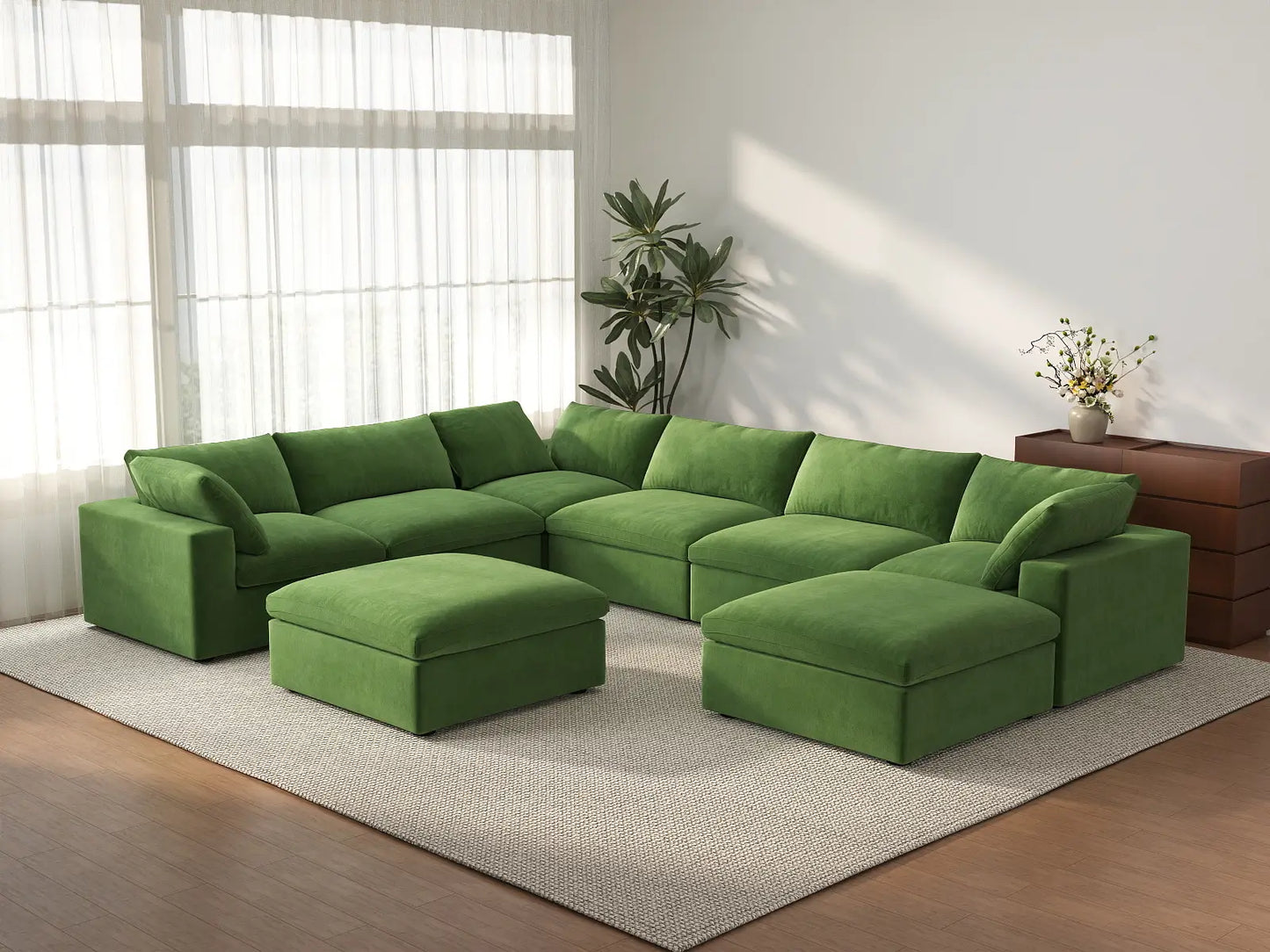 Deluxe Cloud 6-Seater Earth Green Sofa Set | 8-Piece (Includes 2 Ottomans), Velvet Fabric, Living Room, Washable Cushion Covers
