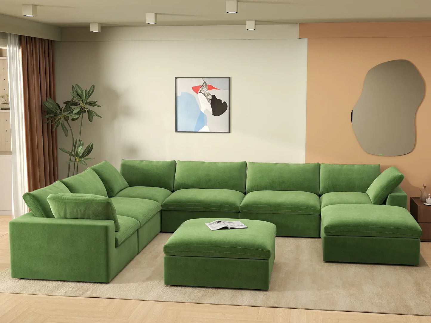 Deluxe Cloud 6-Seater Earth Green Sofa Set | 8-Piece (Includes 2 Ottomans), Velvet Fabric, Living Room, Washable Cushion Covers