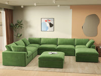 Deluxe Cloud 6-Seater Earth Green Sofa Set | 8-Piece (Includes 2 Ottomans), Velvet Fabric, Living Room, Washable Cushion Covers