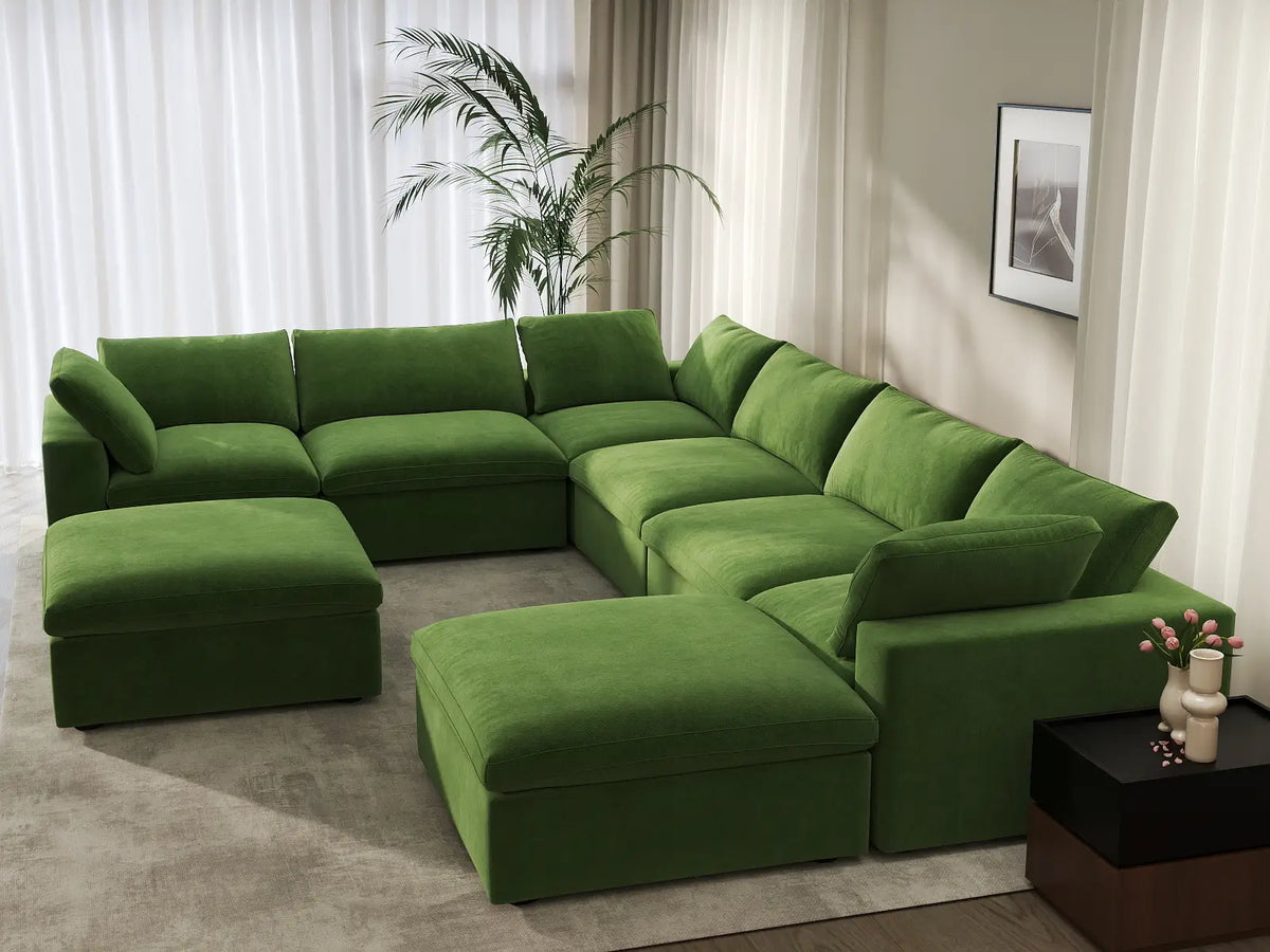 Deluxe Cloud 6-Seater Earth Green Sofa Set | 8-Piece (Includes 2 Ottomans), Velvet Fabric, Living Room, Washable Cushion Covers