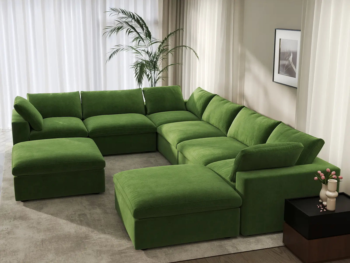 Deluxe Cloud 6-Seater Earth Green Sofa Set | 8-Piece (Includes 2 Ottomans), Velvet Fabric, Living Room, Washable Cushion Covers