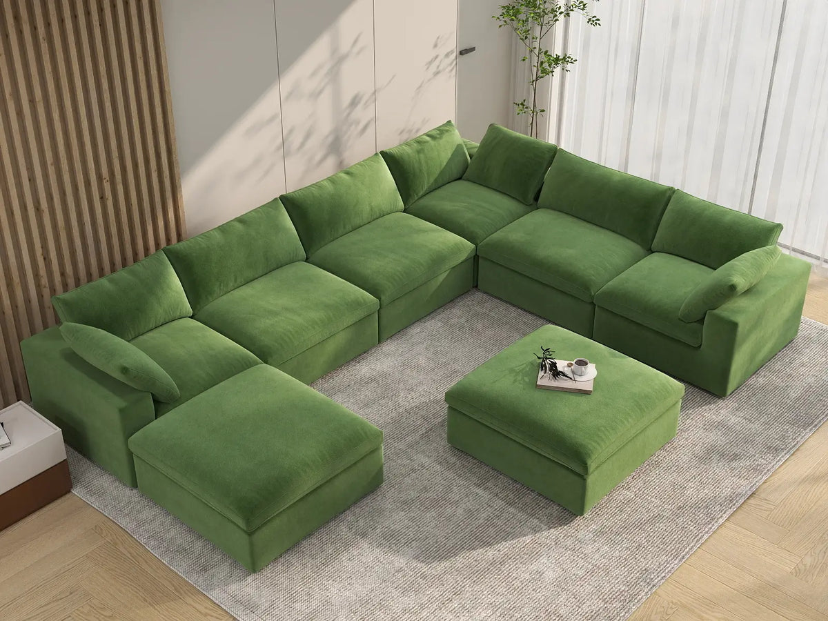 Deluxe Cloud 6-Seater Earth Green Sofa Set | 8-Piece (Includes 2 Ottomans), Velvet Fabric, Living Room, Washable Cushion Covers