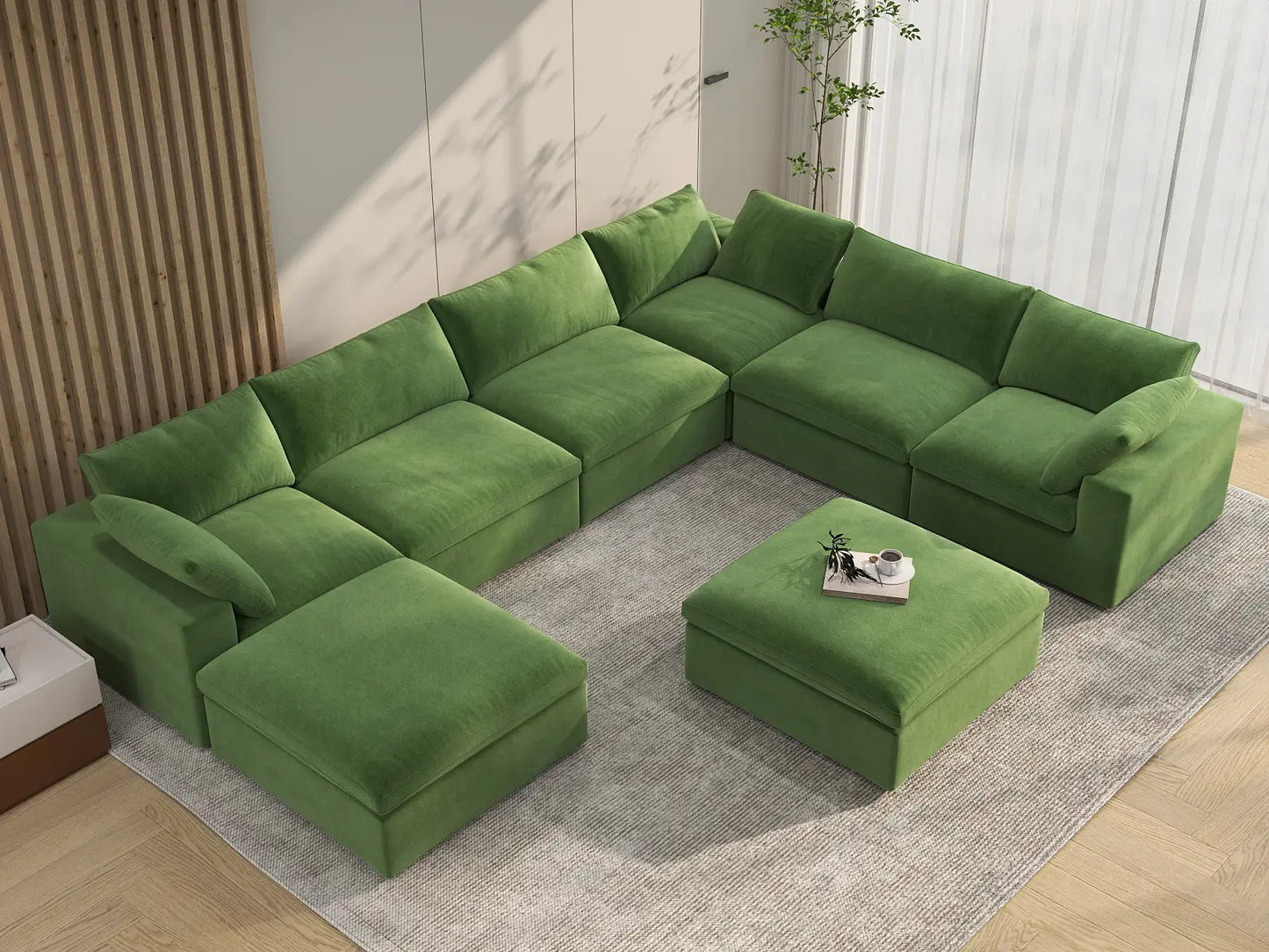 Deluxe Cloud 6-Seater Earth Green Sofa Set | 8-Piece (Includes 2 Ottomans), Velvet Fabric, Living Room, Washable Cushion Covers