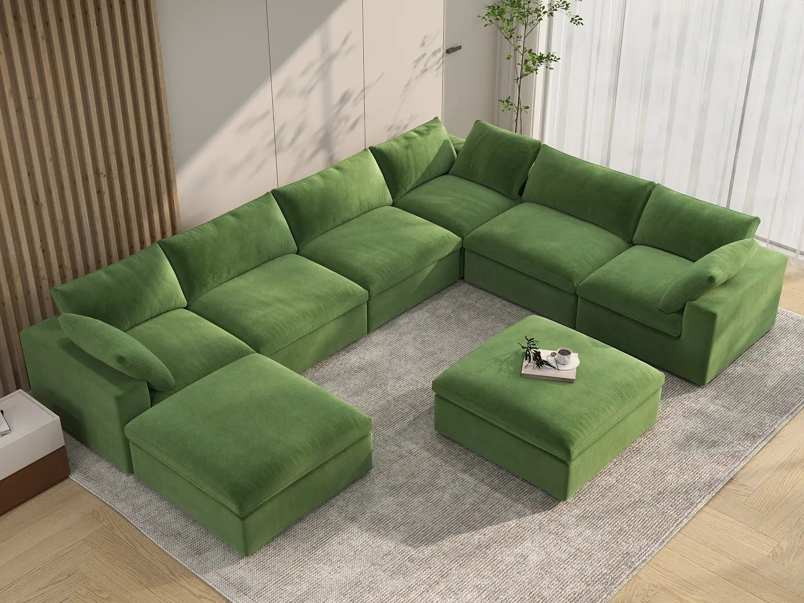 Deluxe Cloud 6-Seater Earth Green Sofa Set | 8-Piece (Includes 2 Ottomans), Velvet Fabric, Living Room, Washable Cushion Covers