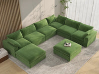 Deluxe Cloud 6-Seater Earth Green Sofa Set | 8-Piece (Includes 2 Ottomans), Velvet Fabric, Living Room, Washable Cushion Covers