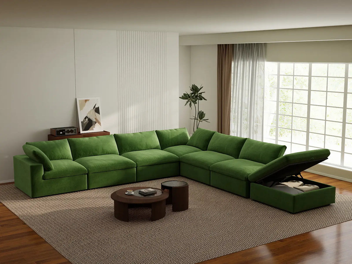 Deluxe Cloud 6-Seater Earth Green V-Shaped Sectional | 7-Piece (Includes 1 Ottoman), Velvet Fabric, Living Room Seating, Washable Cushion Covers