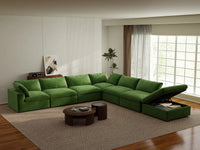 Deluxe Cloud 6-Seater Earth Green V-Shaped Sectional | 7-Piece (Includes 1 Ottoman), Velvet Fabric, Living Room Seating, Washable Cushion Covers
