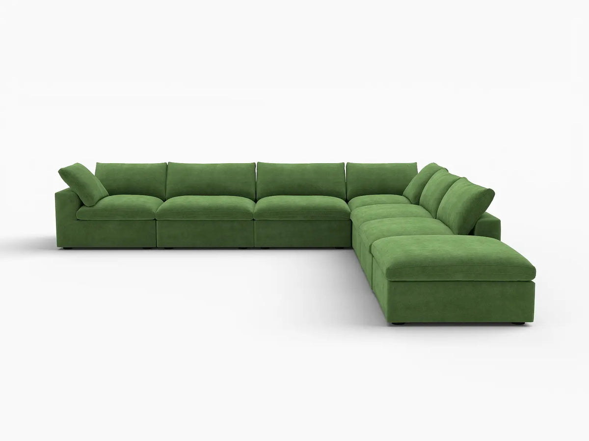 Deluxe Cloud 6-Seater Earth Green V-Shaped Sectional | 7-Piece (Includes 1 Ottoman), Velvet Fabric, Living Room Seating, Washable Cushion Covers