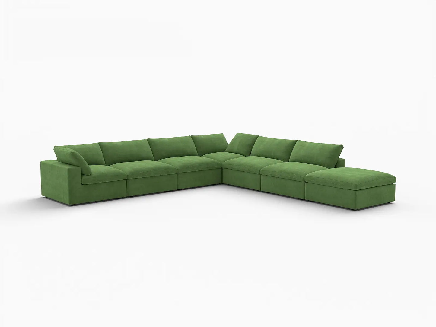 Deluxe Cloud 6-Seater Earth Green V-Shaped Sectional | 7-Piece (Includes 1 Ottoman), Velvet Fabric, Living Room Seating, Washable Cushion Covers