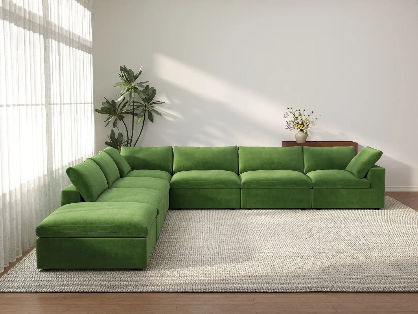 Deluxe Cloud 6-Seater Earth Green V-Shaped Sectional | 7-Piece (Includes 1 Ottoman), Velvet Fabric, Living Room Seating, Washable Cushion Covers