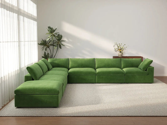 Deluxe Cloud 6-Seater Earth Green V-Shaped Sectional | 7-Piece (Includes 1 Ottoman), Velvet Fabric, Living Room Seating, Washable Cushion Covers
