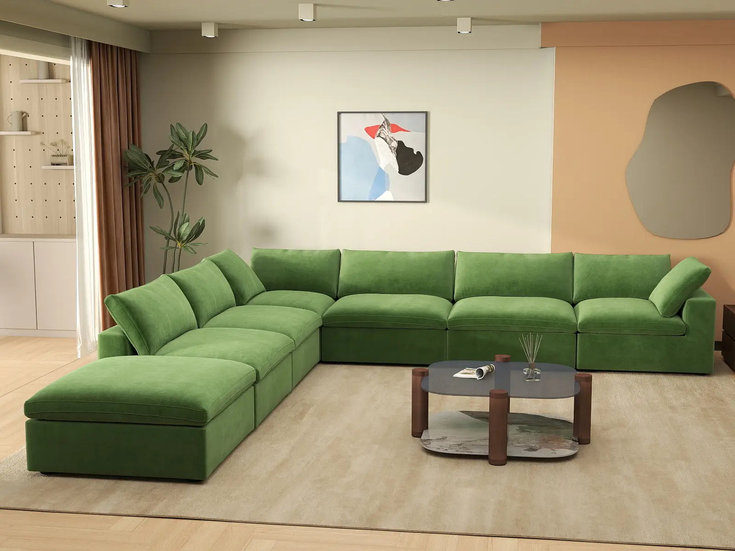 Deluxe Cloud 6-Seater Earth Green V-Shaped Sectional | 7-Piece (Includes 1 Ottoman), Velvet Fabric, Living Room Seating, Washable Cushion Covers