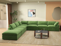 Deluxe Cloud 6-Seater Earth Green V-Shaped Sectional | 7-Piece (Includes 1 Ottoman), Velvet Fabric, Living Room Seating, Washable Cushion Covers
