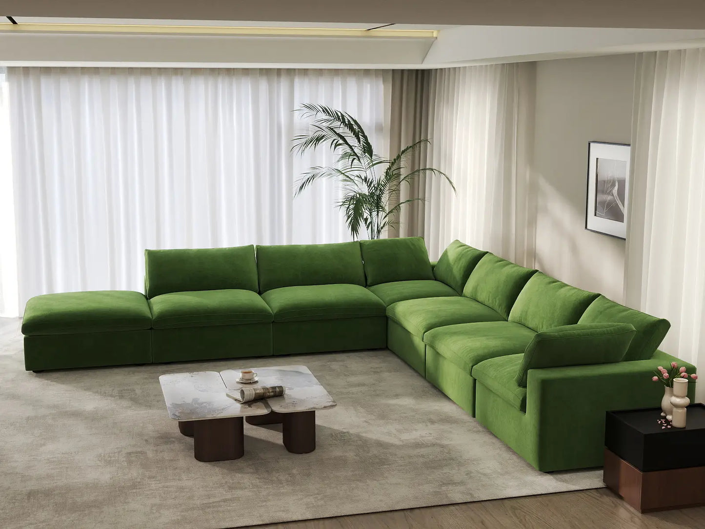 Deluxe Cloud 6-Seater Earth Green V-Shaped Sectional | 7-Piece (Includes 1 Ottoman), Velvet Fabric, Living Room Seating, Washable Cushion Covers