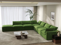 Deluxe Cloud 6-Seater Earth Green V-Shaped Sectional | 7-Piece (Includes 1 Ottoman), Velvet Fabric, Living Room Seating, Washable Cushion Covers