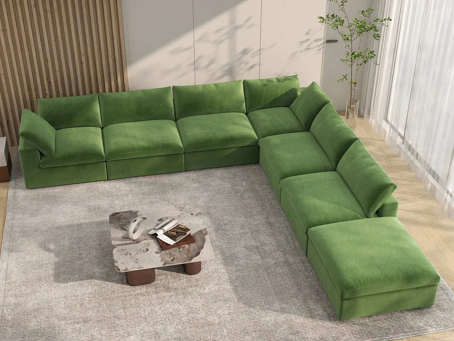 Deluxe Cloud 6-Seater Earth Green V-Shaped Sectional | 7-Piece (Includes 1 Ottoman), Velvet Fabric, Living Room Seating, Washable Cushion Covers