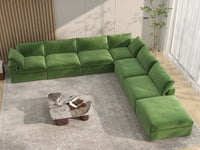Deluxe Cloud 6-Seater Earth Green V-Shaped Sectional | 7-Piece (Includes 1 Ottoman), Velvet Fabric, Living Room Seating, Washable Cushion Covers